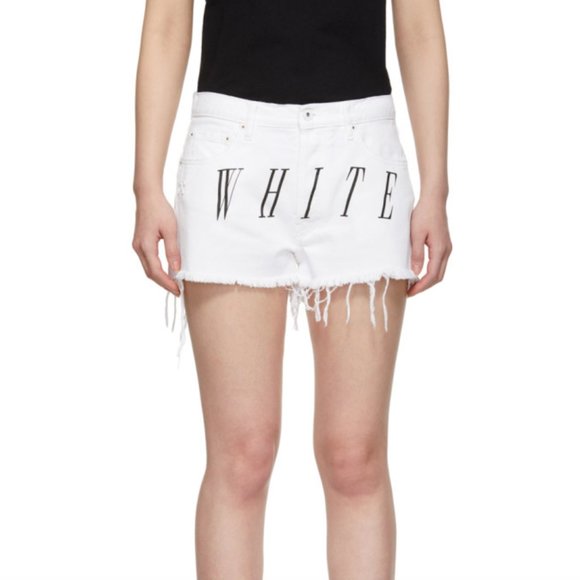 $535 Off-White White Black Logo Stone-Washed Distressed Denim Shorts size 27 - Picture 3 of 12